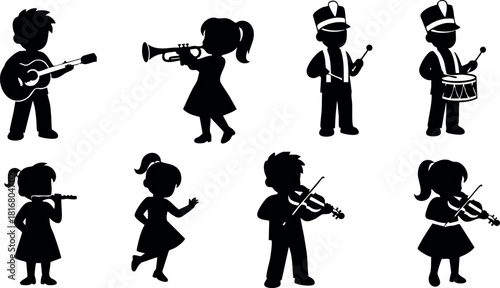 Children playing musical instruments silhouette vector illustration with guitar trumpet violin and drums