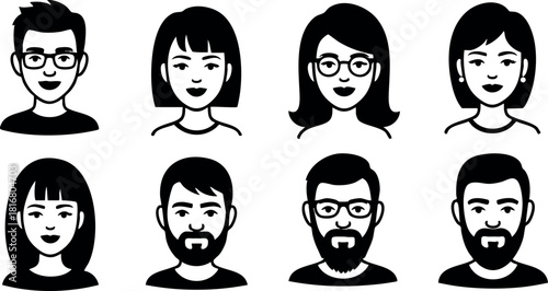 Diverse male and female avatars collection flat style vector icons with glasses and beards