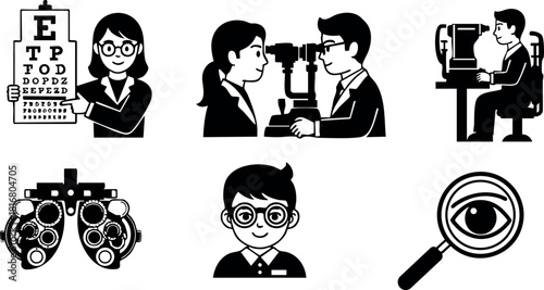 Eye examination optometry vision test glasses doctor patient equipment vector illustration