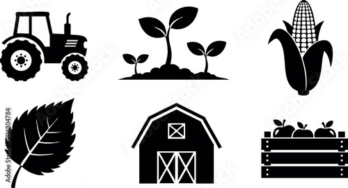 Farm agriculture icons with tractor barn crops leaf and harvest vector illustration