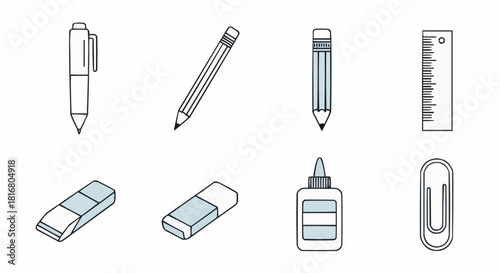 A collection of minimalist line art icons featuring common school and office stationery supplies like a pen, pencil, eraser, and ruler
