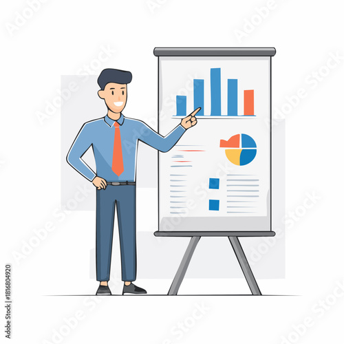 Businessman Presenting Data Analysis on Flip Chart Whiteboard, Pointing to Charts and Graphs in a Corporate Meeting or Workshop. Flat Vector Illustration.