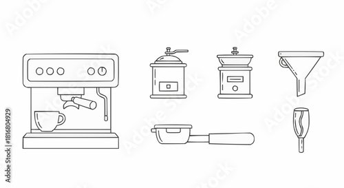 Set of various coffee-making equipment and accessories, presented in a clean line art style