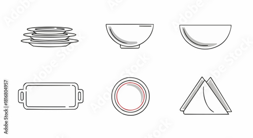 Kitchen tableware set Stack of plates, bowls, tray and napkin line art icons