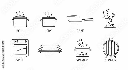 A vector icon set illustrating various cooking techniques. This collection features linear symbols for culinary instructions and food preparation graphics