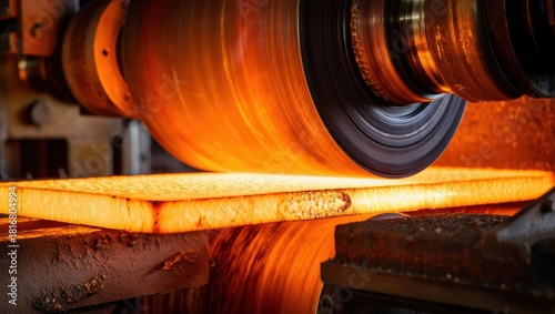 Molten steel slabs roll under massive rollers in a red hot rolling mill.