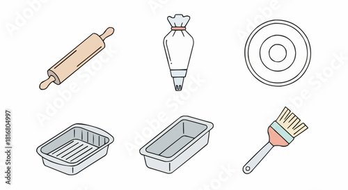 Clean line art vector illustrations of essential baking tools and kitchen utensils, including a rolling pin, piping bag, and various bakeware, ideal for culinary and dessert-making designs
