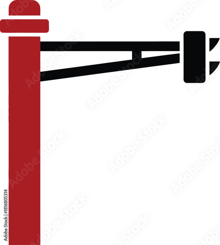 A minimalist graphic illustration of a red and black bollard with a horizontal arm and a black clamp or stopper at the end isolated on a white background