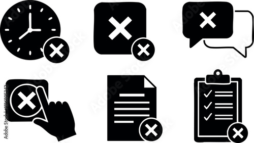 Set of six black error icons with clock document checklist hand pointer and chat symbols vector illustration