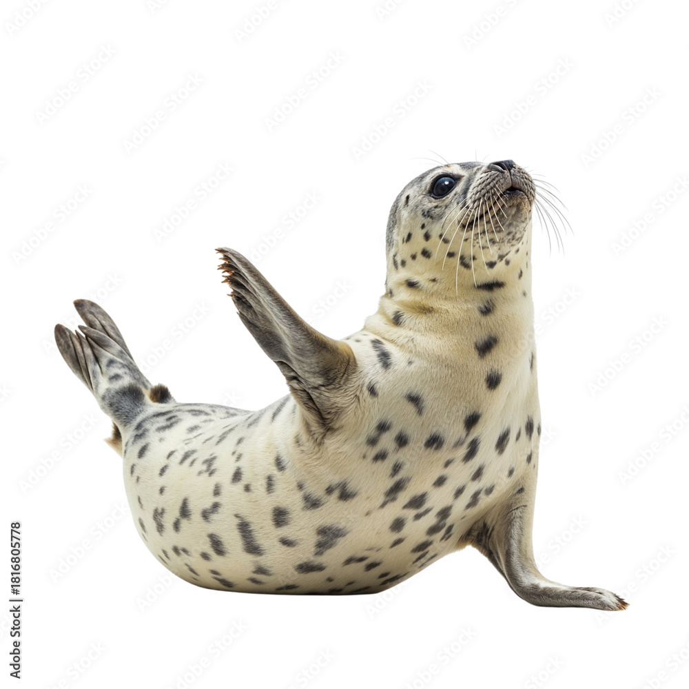 Fototapeta premium Spotted seal pup posing on transparent background isolated on transparent background