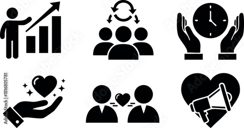 Business teamwork communication growth success hands heart clock people vector icons set