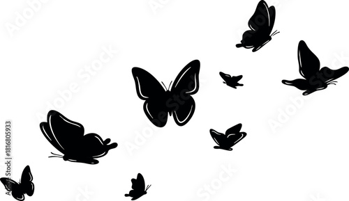 Black butterfly silhouettes flying in formation vector illustration simple design nature insects