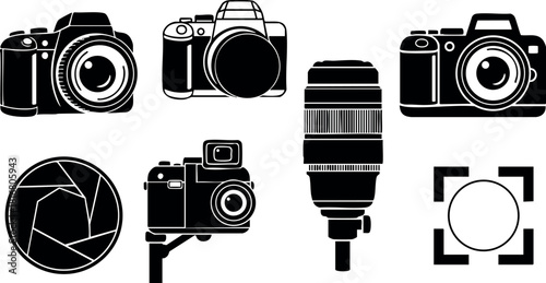 Vintage and modern camera icons with lens and aperture vector illustration set in black and white