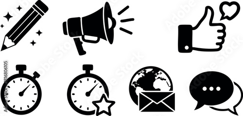 Pencil megaphone thumbs up stopwatch star globe envelope chat icons vector illustration