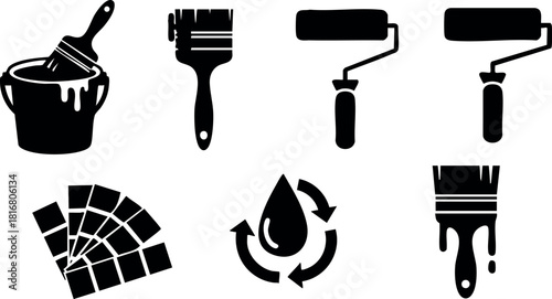 Paint tools bucket brush roller swatch color palette recycling drops illustration vector