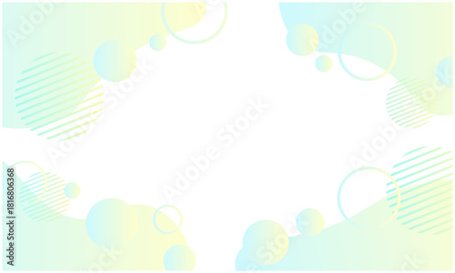 グラデーションの流体シェイプとバブルのメンフィス風フレーム背景 黄緑
