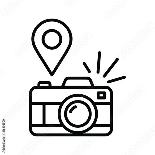 Line icon of a camera with a flash and a location pin symbol, isolated on