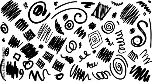 Abstract black ink brush strokes and doodle shapes vector illustration artistic design elements random pattern