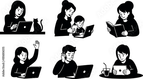 People using digital devices laptop tablet smartphone reading and working at home collection vector illustration
