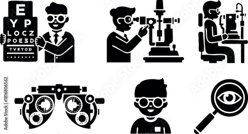 Eye examination optometrist vision test equipment glasses patient vector icons set