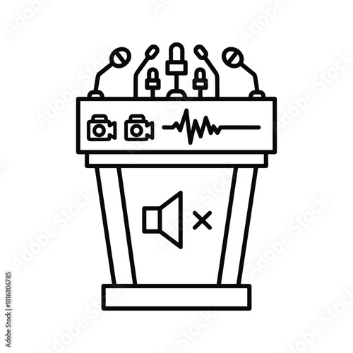 Black and white line art icon representing a press conference podium with microphones, camera, sound wave, and mute symbol isolated on