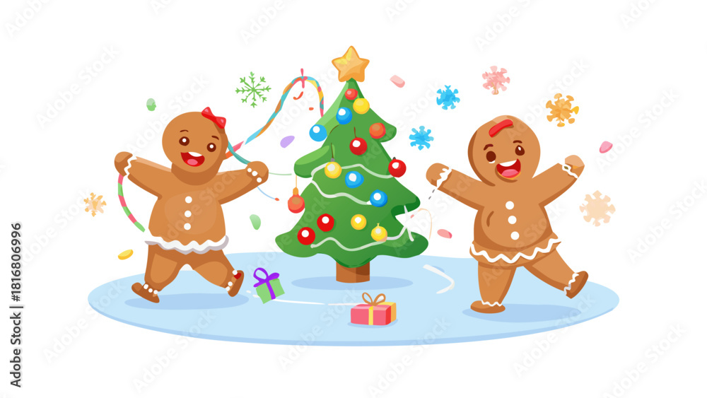 Naklejka premium Cartoon gingerbread people dancing around a sugar Christmas tree decorated with candy jewels and frosting lights .