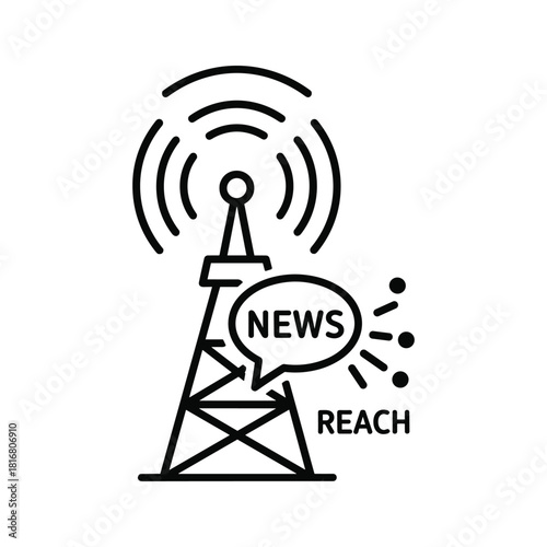 Black and white line art icon of a radio transmission tower broadcasting news signal with reach concept isolated on