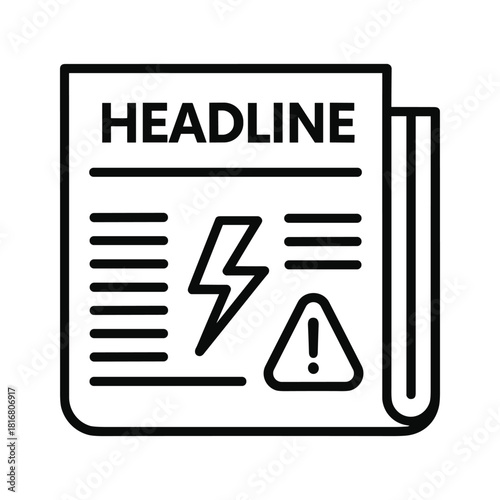 Black and white line icon representing a newspaper headline about an electrical warning or power outage alert
