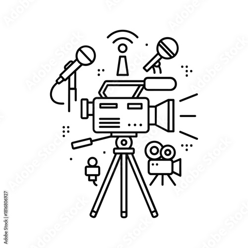 Line art icon of a professional video camera on a tripod with microphones and broadcast signal, isolated on