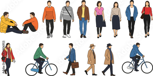 Diverse character poses, walking figures, casual outfits, urban lifestyle, illustrated people, standing, sitting, cycling, carrying bags, jackets, sweaters