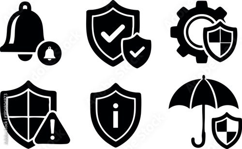 Security shield protection notification alert safety insurance concept vector illustration icons set