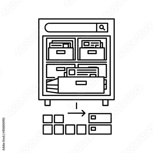 Line art icon illustrating data search, retrieval, and organization process from a filing cabinet or server rack to digital output