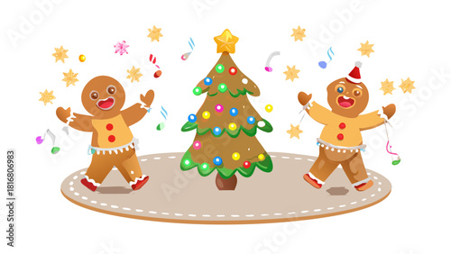 Cartoon gingerbread people dancing around a sugar Christmas tree decorated with candy jewels and frosting lights .