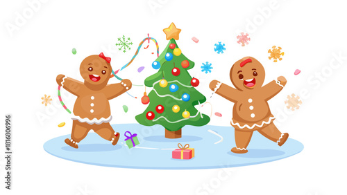 Cartoon gingerbread people dancing around a sugar Christmas tree decorated with candy jewels and frosting lights .