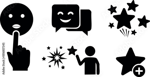 Set of six black silhouette icons including thinking emoji chat stars magic wand and add star vector illustration