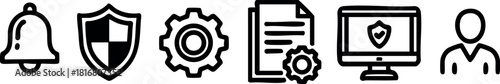 Security technology icons notification shield gear settings document computer user vector illustration