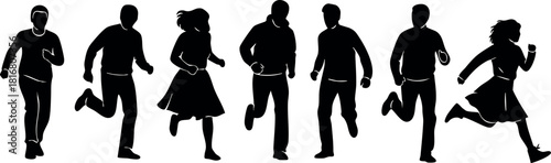 Silhouettes of diverse people running jogging fitness activity exercise healthy lifestyle vector illustration