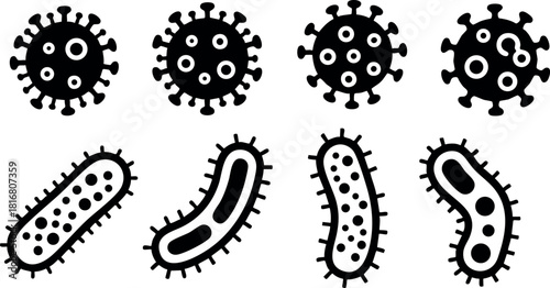 Virus and bacteria icons vector set simple black silhouette style for medical and scientific usage