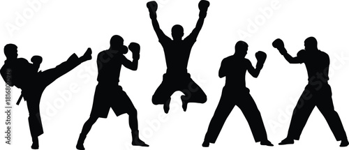 Martial arts silhouettes, boxing poses, combat sports, fighter stances, kickboxing action, athletic movement, training, strength, energy, discipline, power, agility, self-defense, dynamic motion,