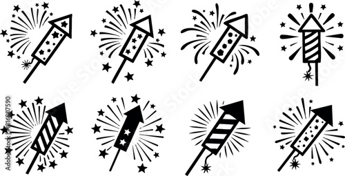 Fireworks rocket icons collection with sparkles and stars vector illustration festive celebration design