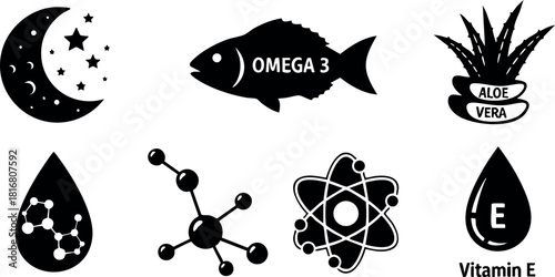 Omega 3 fish vitamin e aloe vera moon and molecular health icons vector illustration