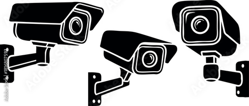 Security cameras set surveillance monitoring black silhouette vector illustration