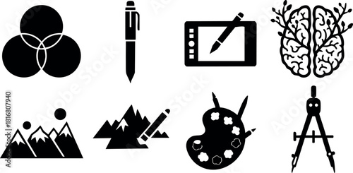 Digital drawing tablet pen brain compass palette mountain landscape vector illustration