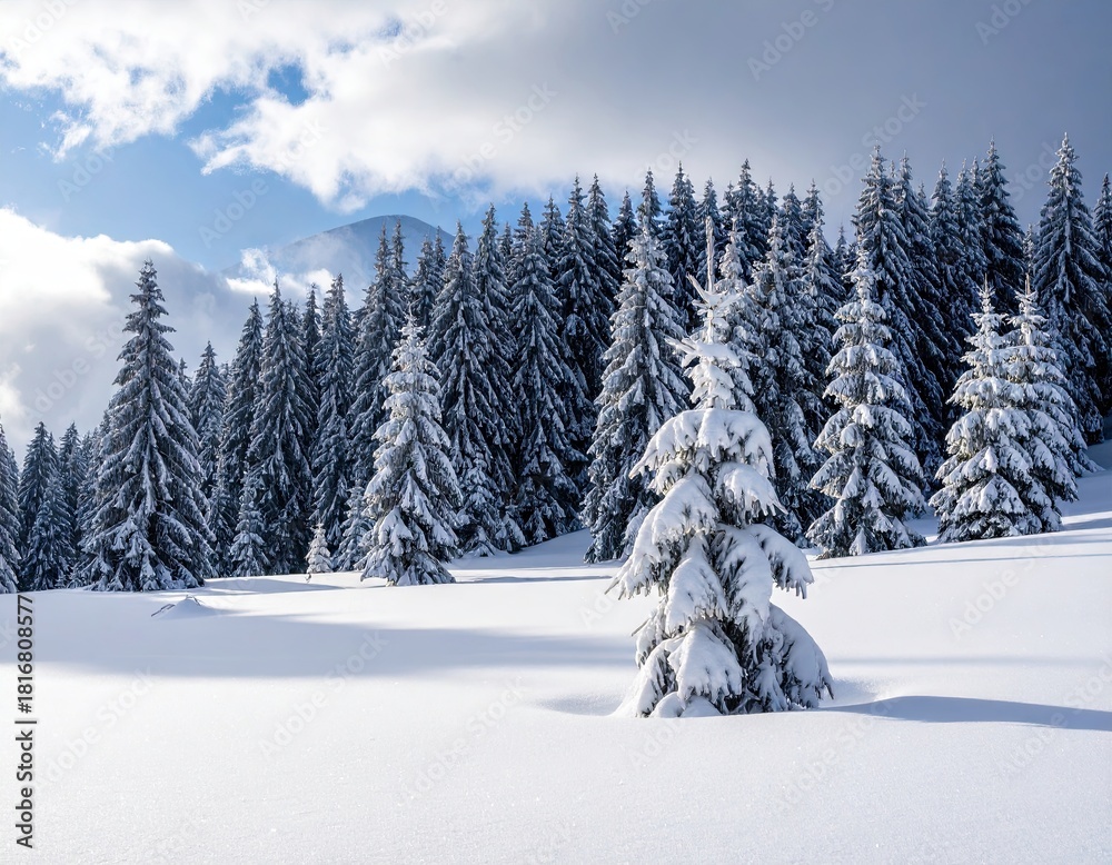 Naklejka premium Snowy Winter Landscape with Fir Trees