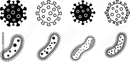 Black and white virus and bacteria icons simple vector illustration for medical and scientific design