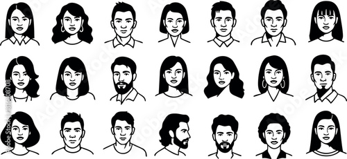 Diverse faces collection male female hairstyles beard expressions simple black white vector illustration