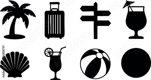 Summer vacation icons palm tree suitcase cocktail beach ball shell direction sign vector illustration