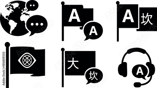 Language translation icons set with globe flags headset symbols vector illustration