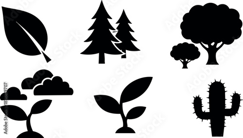 Simple black plant icons leaf tree cactus nature symbols vector illustration