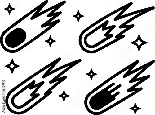 Black and white shooting stars icon set simple space meteor vector illustration